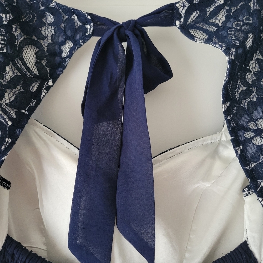 Pleated Cap Sleeved Blue White Lace Tulle Midi Cocktail Dress Size 4 - Picture 9 of 12